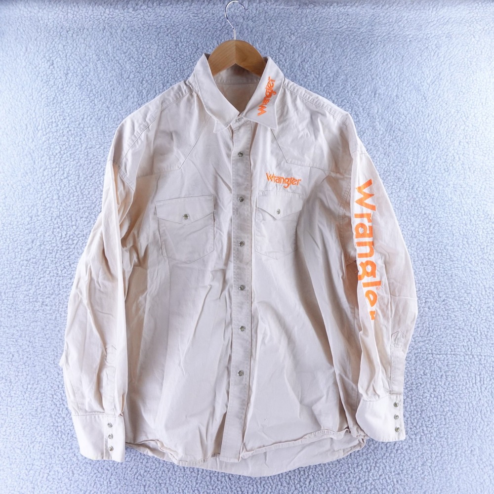 Wrangler Spellout Mens XL Western Snap Shirt Cream Orange Embroidered Logo